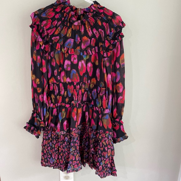 Farm Rio Iridescent Leopard Print High Neck Ruffle Mini Dress - Size XS - NWT - Picture 8 of 14